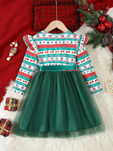 Girls Christmas Green Dress With Santa Tree, Bow, Snowflake Digital Print, Waist Belt, Green Mesh Skirt, Cute Casual Elegant Fashion Dress